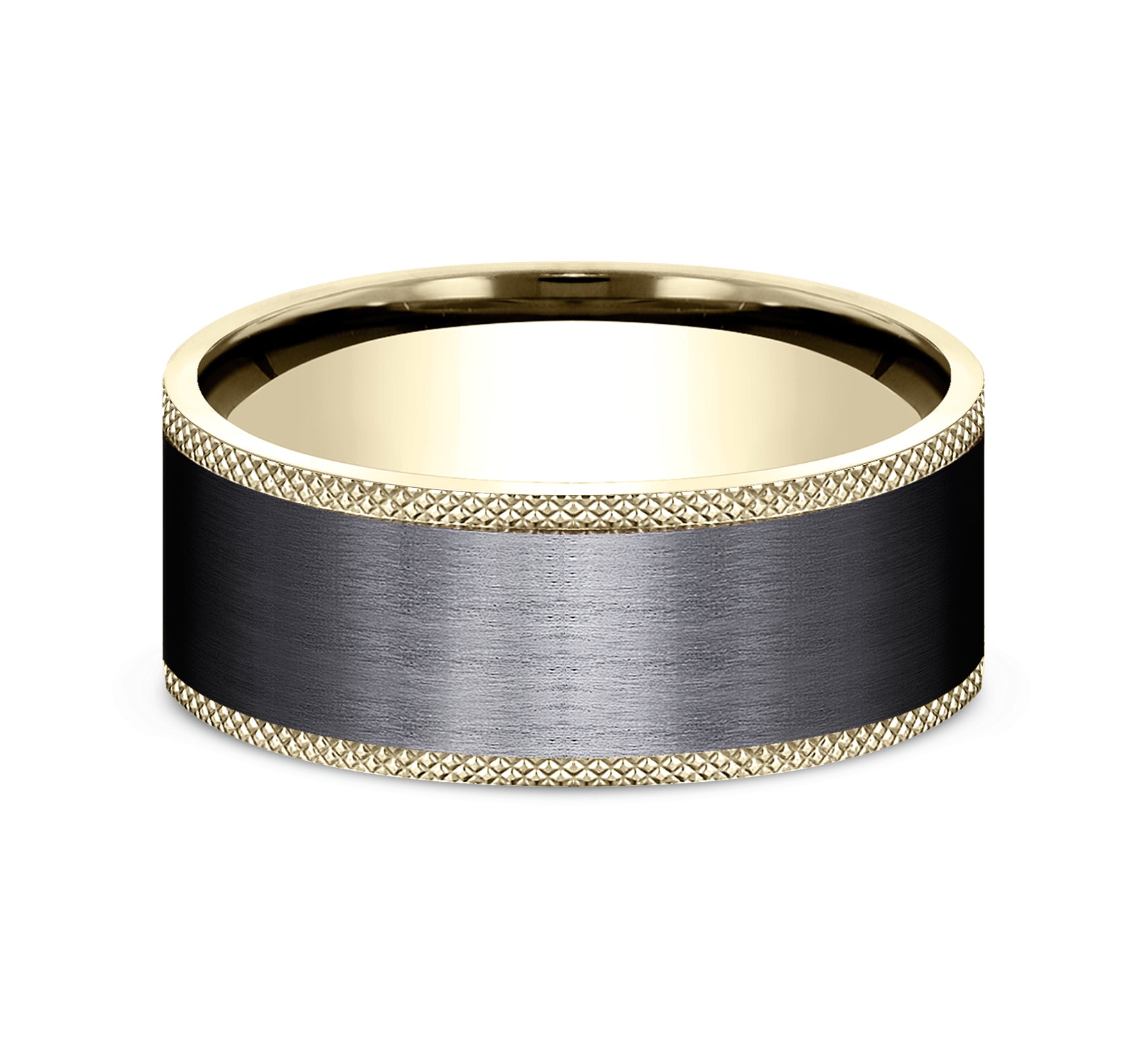 THE ROGUE 9mm, Comfort fit, 14K Yellow Gold and Black Titanium, Satin finish center, knurl detailed edges