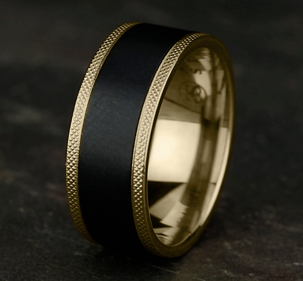 THE ROGUE 9mm, Comfort fit, 14K Yellow Gold and Black Titanium, Satin finish center, knurl detailed edges