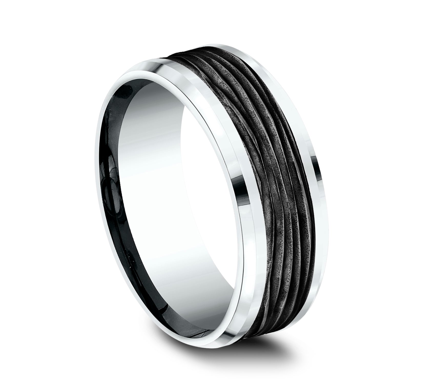 THE TEAK 8mm, Comfort fit, 14K White Gold and Black Titanium, Horizontal bark patterned center, polished bevel edges