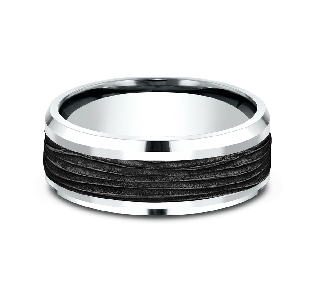 THE TEAK 8mm, Comfort fit, 14K White Gold and Black Titanium, Horizontal bark patterned center, polished bevel edges