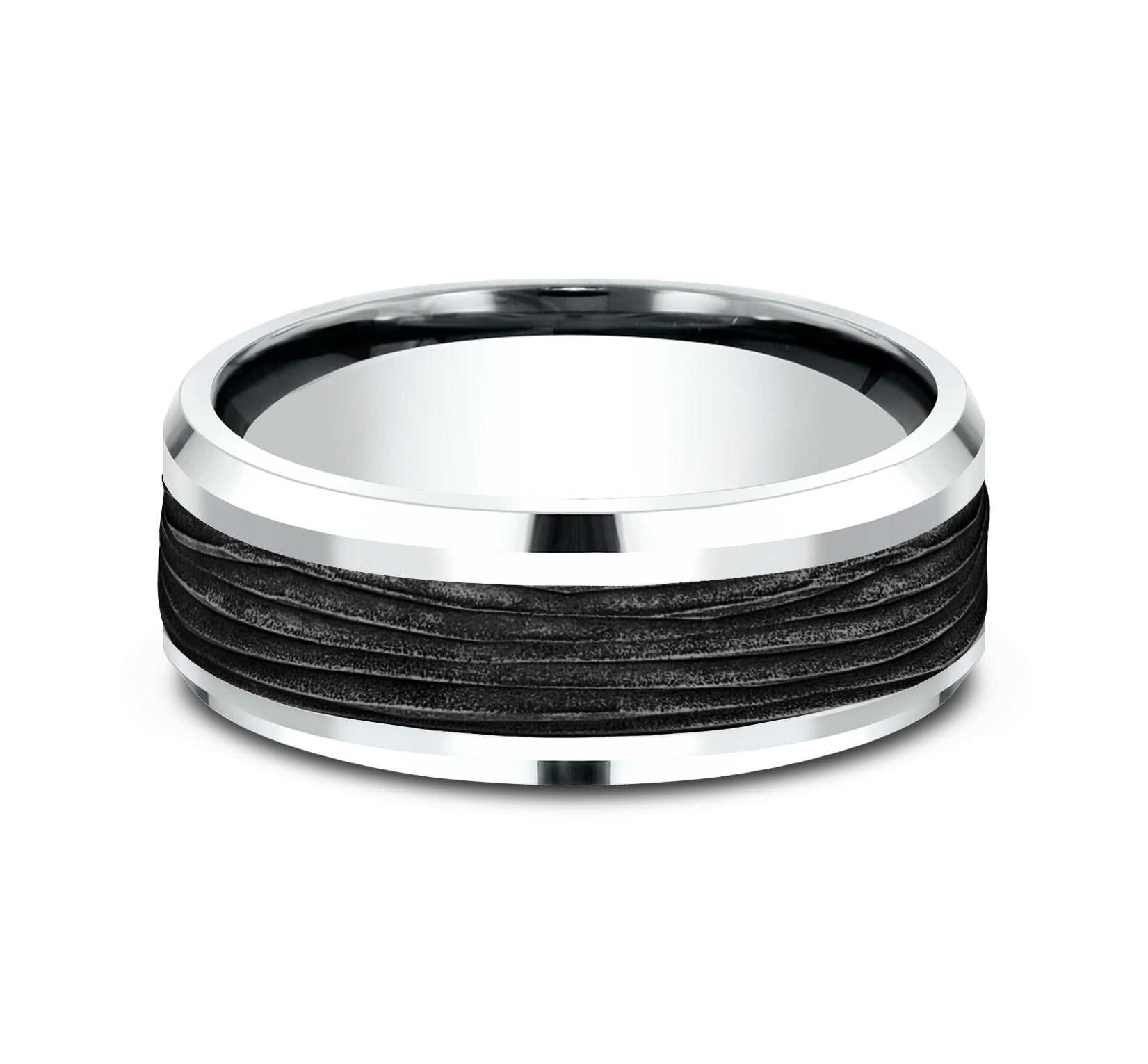 THE TEAK 8mm, Comfort fit, 14K White Gold and Black Titanium, Horizontal bark patterned center, polished bevel edges