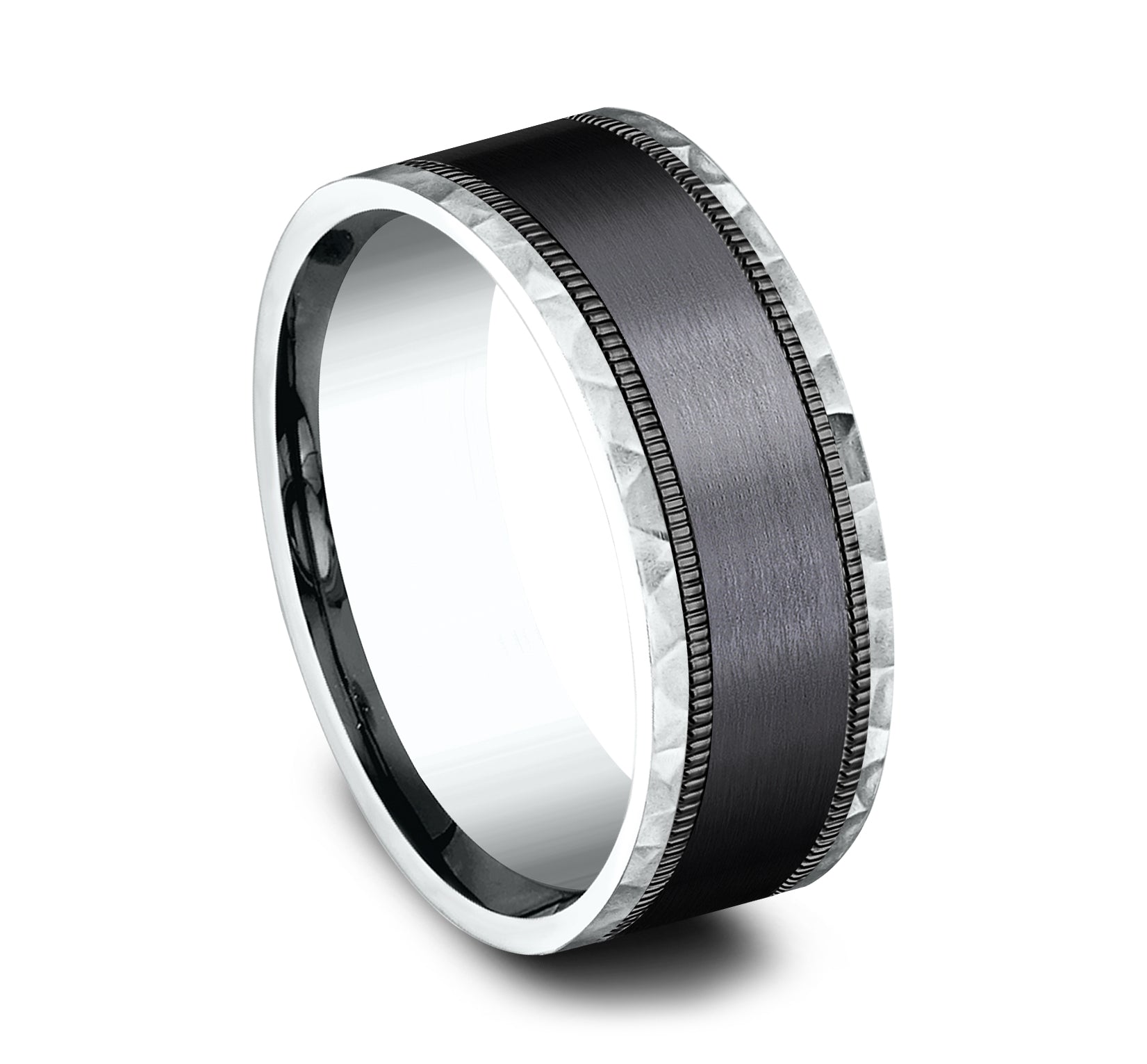 THE DENVER 8mm, Comfort fit, 14K White Gold and Black Titanium, Satin center, milgrain detailing, hammered edges