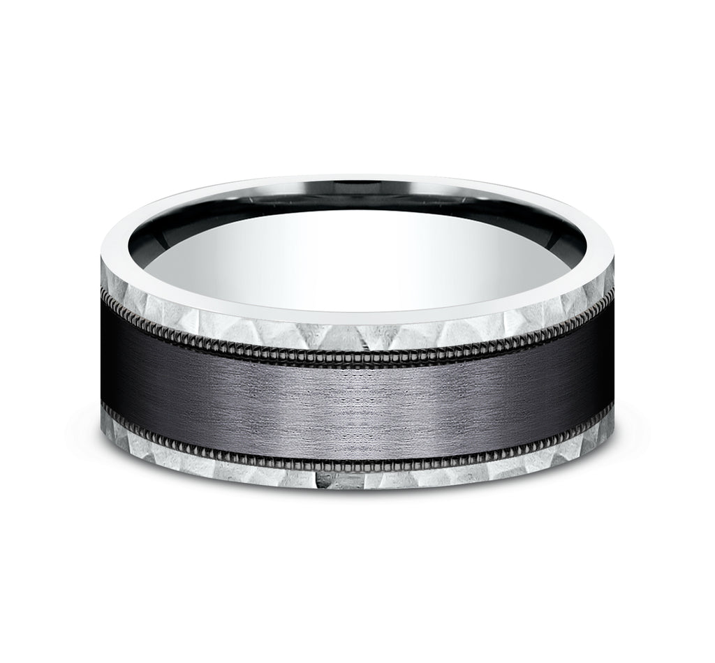 THE DENVER 8mm, Comfort fit, 14K White Gold and Black Titanium, Satin center, milgrain detailing, hammered edges