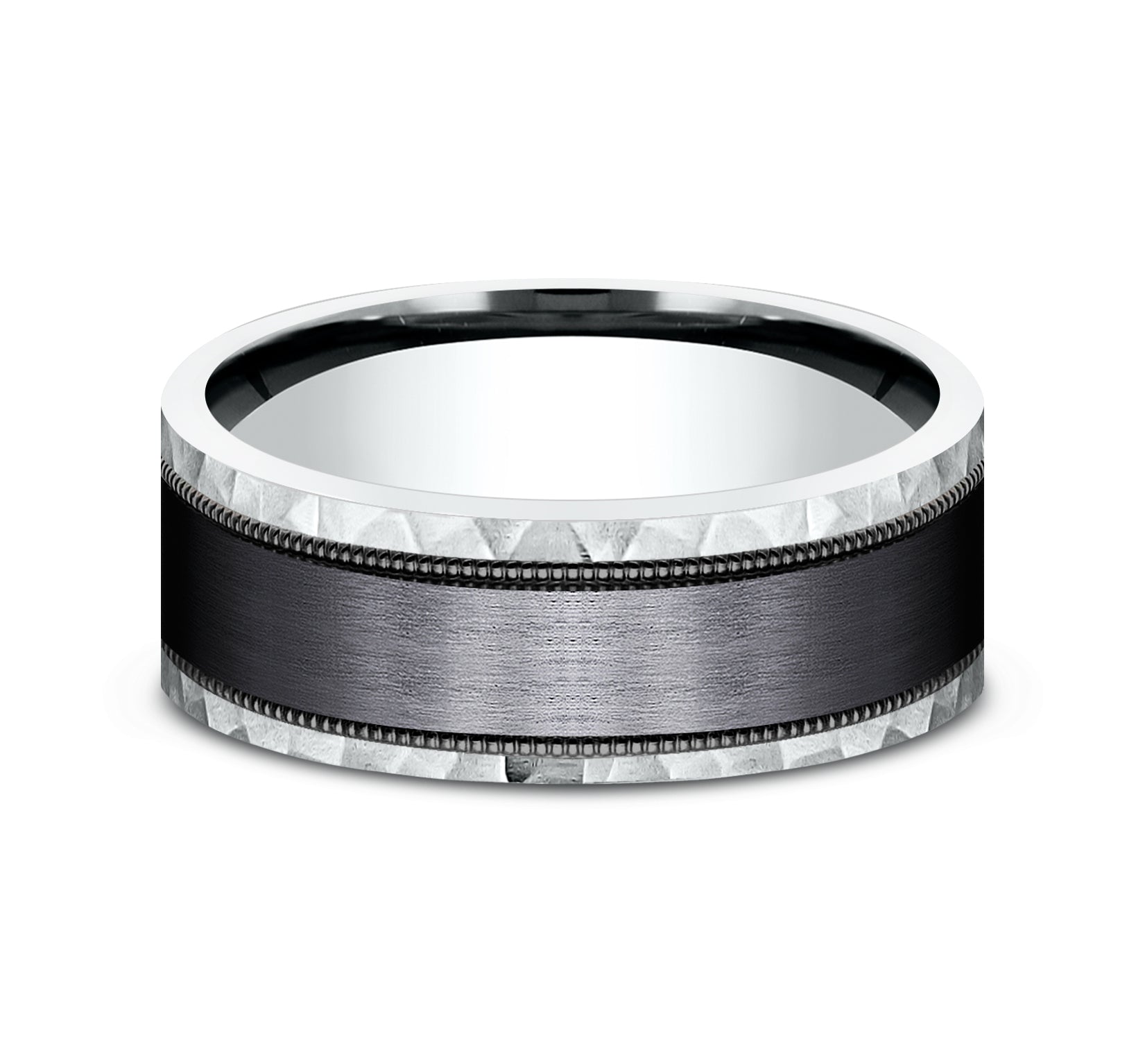 THE DENVER 8mm, Comfort fit, 14K White Gold and Black Titanium, Satin center, milgrain detailing, hammered edges