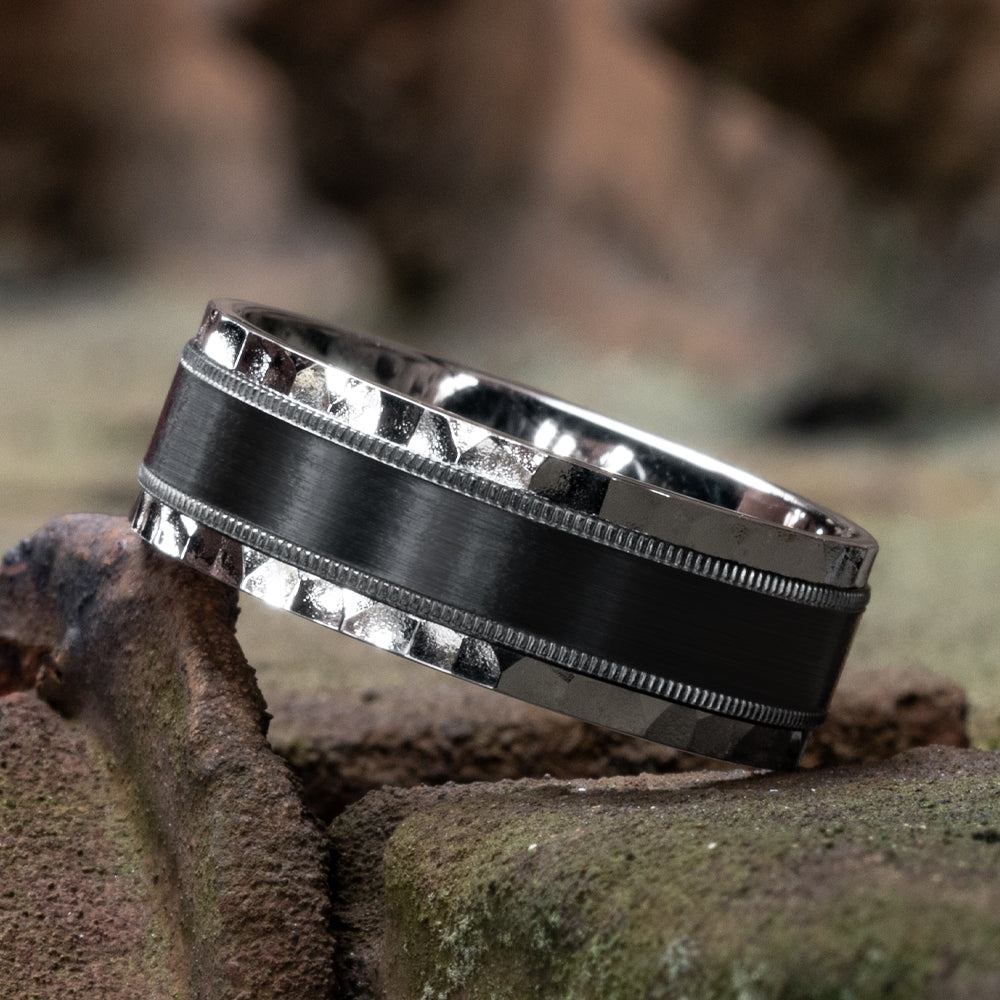 THE DENVER 8mm, Comfort fit, 14K White Gold and Black Titanium, Satin center, milgrain detailing, hammered edges