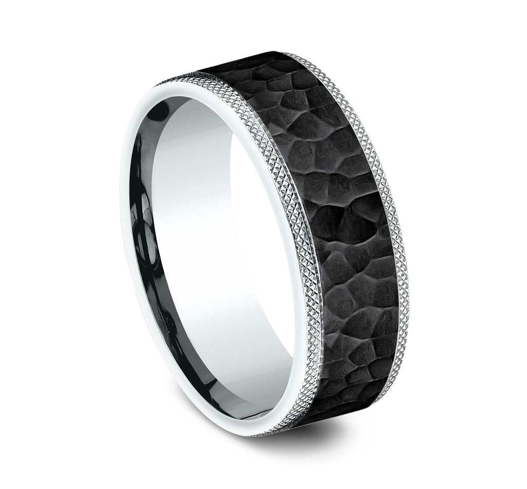 THE GRIFFIN 8mm, Comfort fit, 14K White Gold and Black Titanium, Hammered center, knurl detailed edges