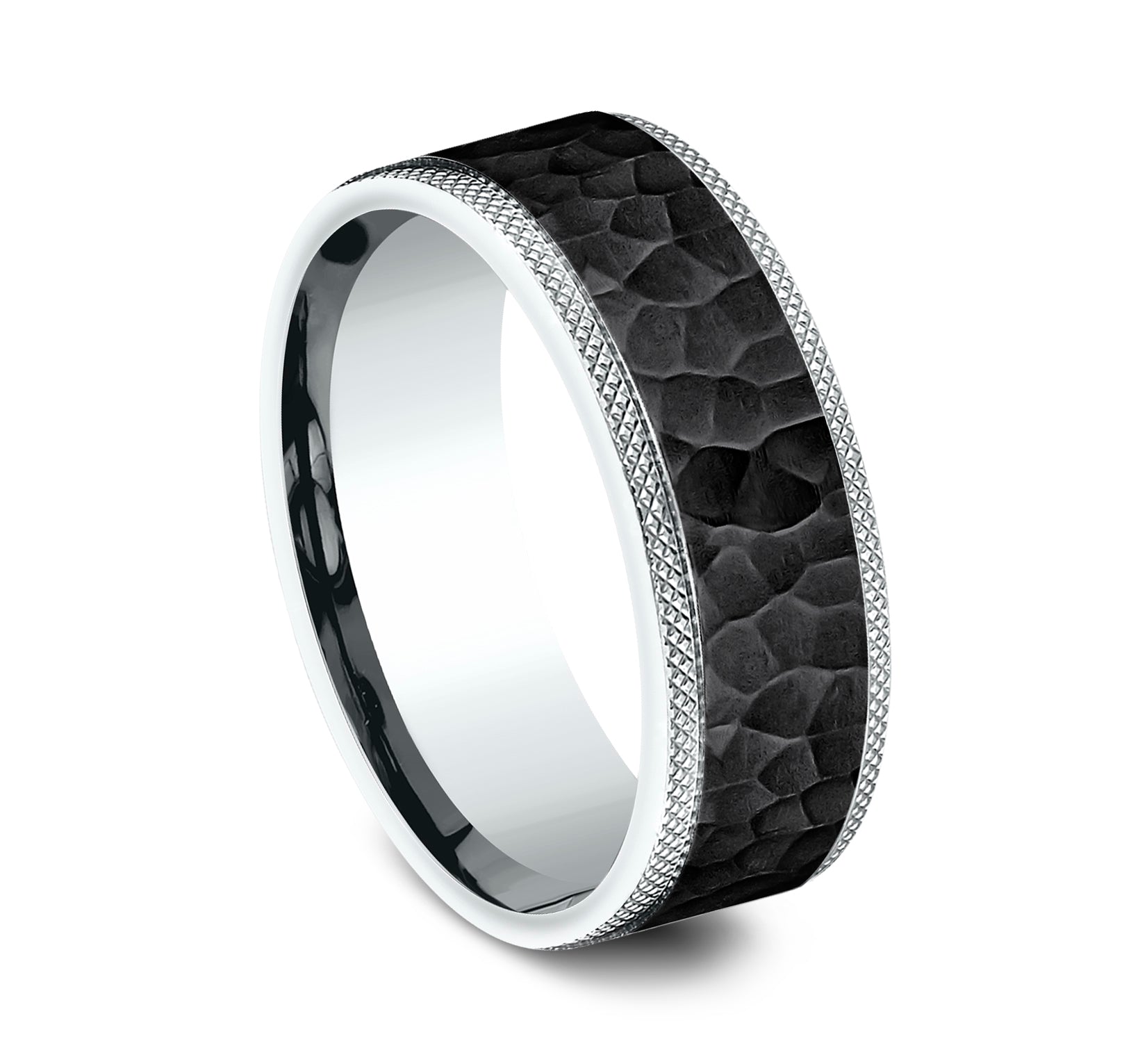 THE GRIFFIN 8mm, Comfort fit, 14K White Gold and Black Titanium, Hammered center, knurl detailed edges