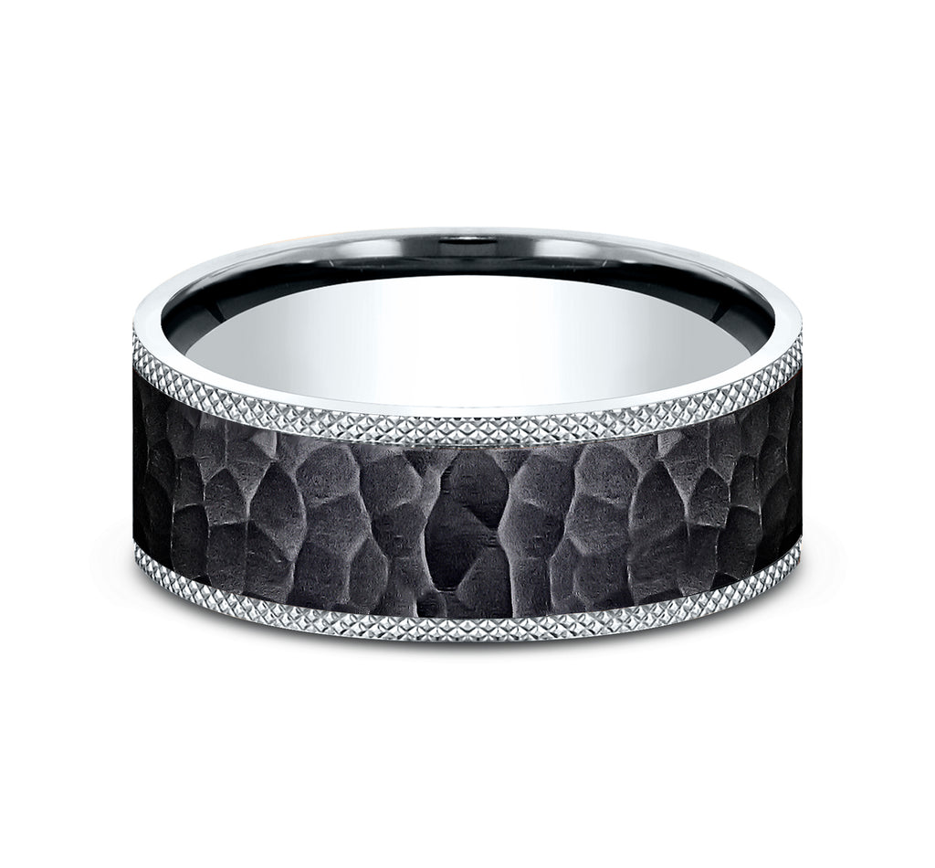 THE GRIFFIN 8mm, Comfort fit, 14K White Gold and Black Titanium, Hammered center, knurl detailed edges