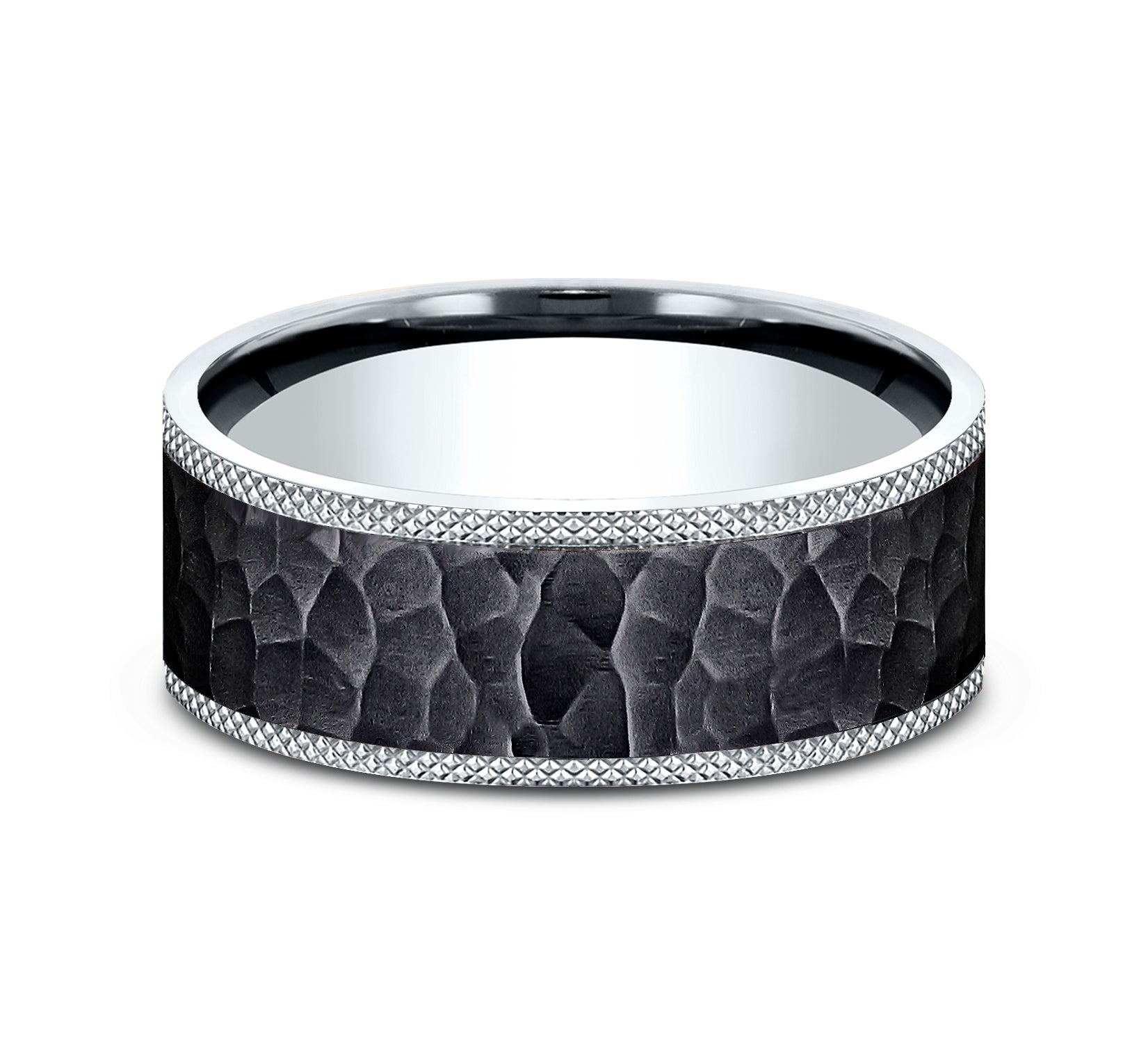THE GRIFFIN 8mm, Comfort fit, 14K White Gold and Black Titanium, Hammered center, knurl detailed edges