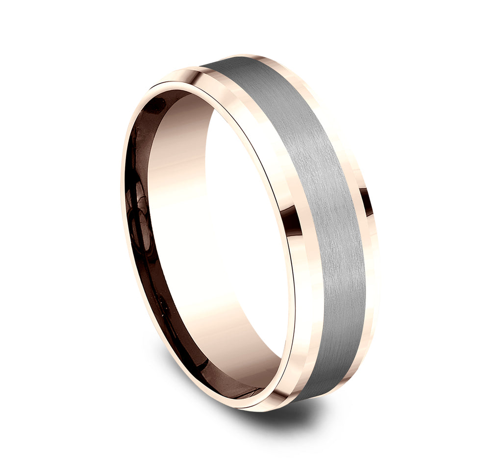 THE DUKE 7mm, Comfort fit, 14K Rose Gold and Grey Tantalum, Satin center, polished bevel edges