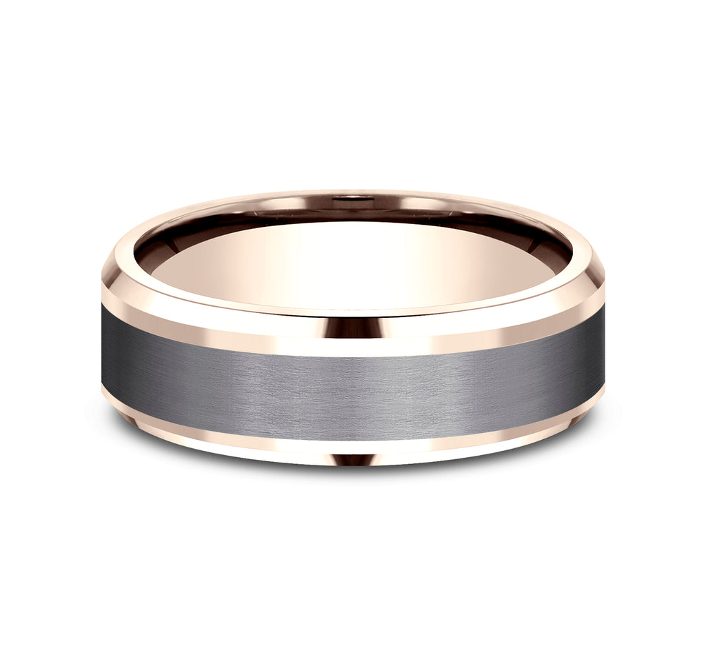 THE DUKE 7mm, Comfort fit, 14K Rose Gold and Grey Tantalum, Satin center, polished bevel edges