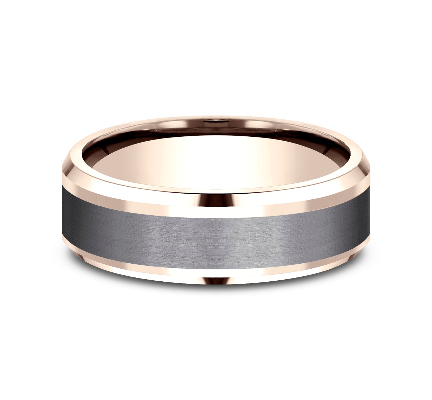 THE DUKE 7mm, Comfort fit, 14K Rose Gold and Grey Tantalum, Satin center, polished bevel edges
