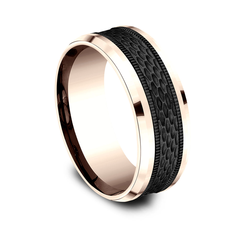 THE ATHLETE 8mm, Comfort fit, 14K Rose Gold and Black Titanium, Mesh pattern with milgrain detail, polished bevel edges