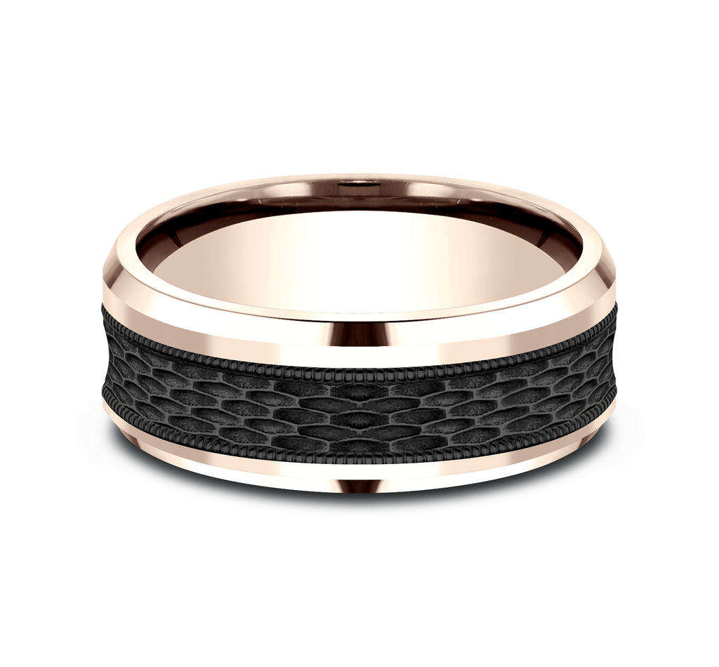 THE ATHLETE 8mm, Comfort fit, 14K Rose Gold and Black Titanium, Mesh pattern with milgrain detail, polished bevel edges