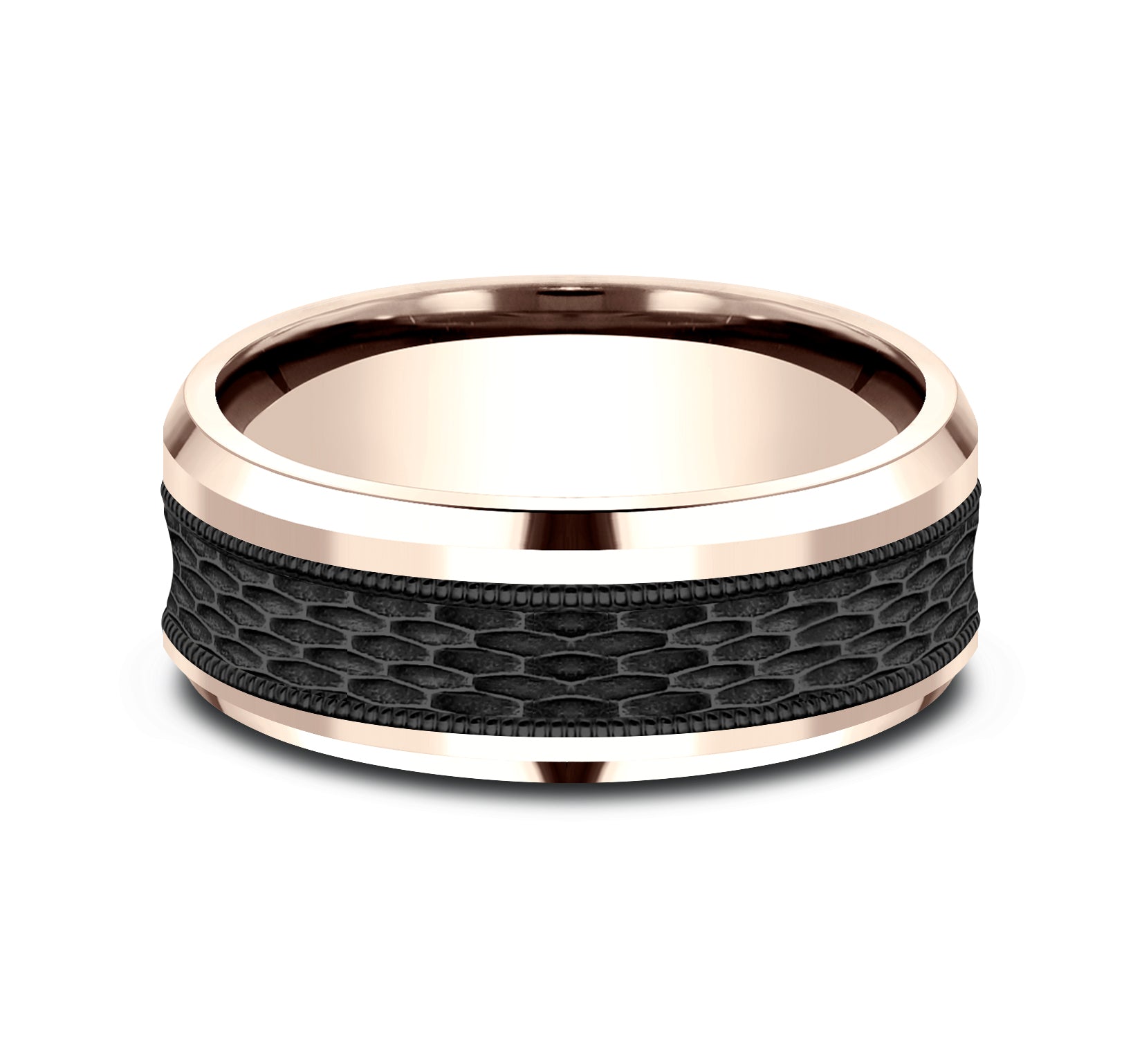 THE ATHLETE 8mm, Comfort fit, 14K Rose Gold and Black Titanium, Mesh pattern with milgrain detail, polished bevel edges