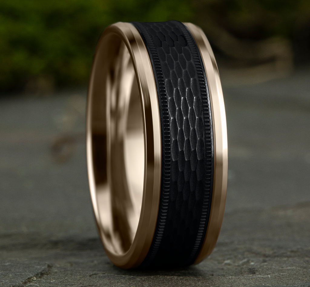 THE ATHLETE 8mm, Comfort fit, 14K Rose Gold and Black Titanium, Mesh pattern with milgrain detail, polished bevel edges
