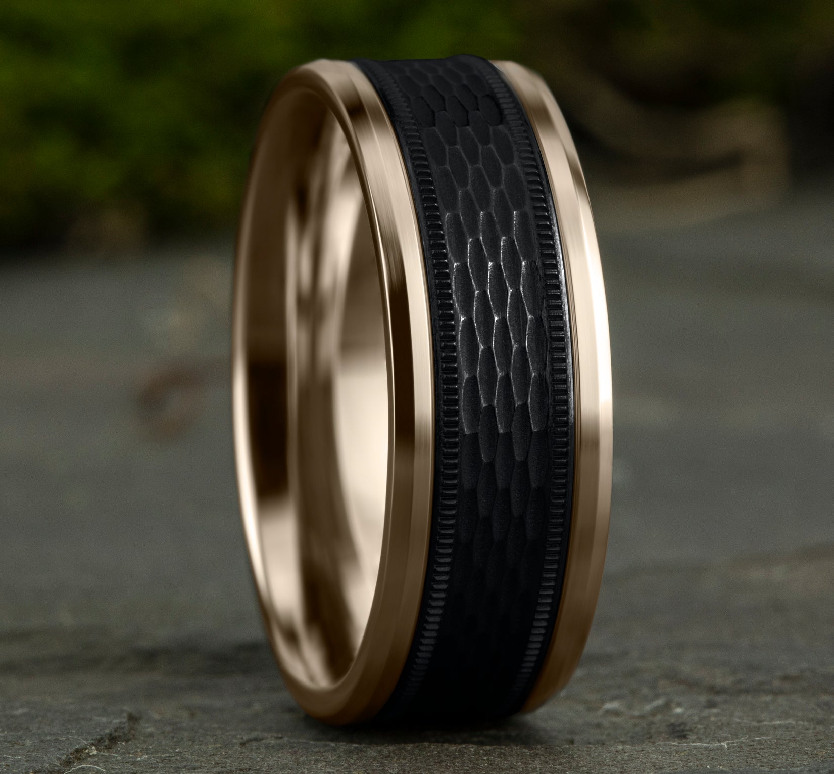 THE ATHLETE 8mm, Comfort fit, 14K Rose Gold and Black Titanium, Mesh pattern with milgrain detail, polished bevel edges