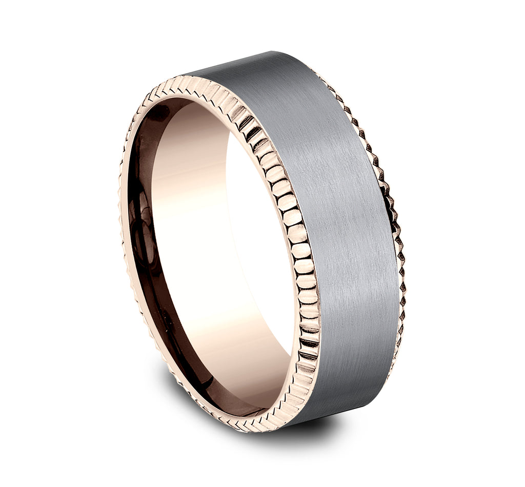 THE GENERAL 8mm, Comfort fit, 14K Rose Gold and Grey Tantalum, Satin center, coined bevel edges