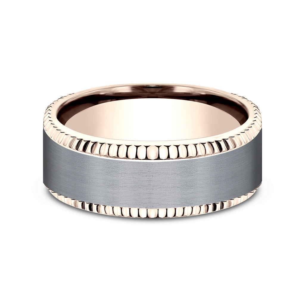 THE GENERAL 8mm, Comfort fit, 14K Rose Gold and Grey Tantalum, Satin center, coined bevel edges