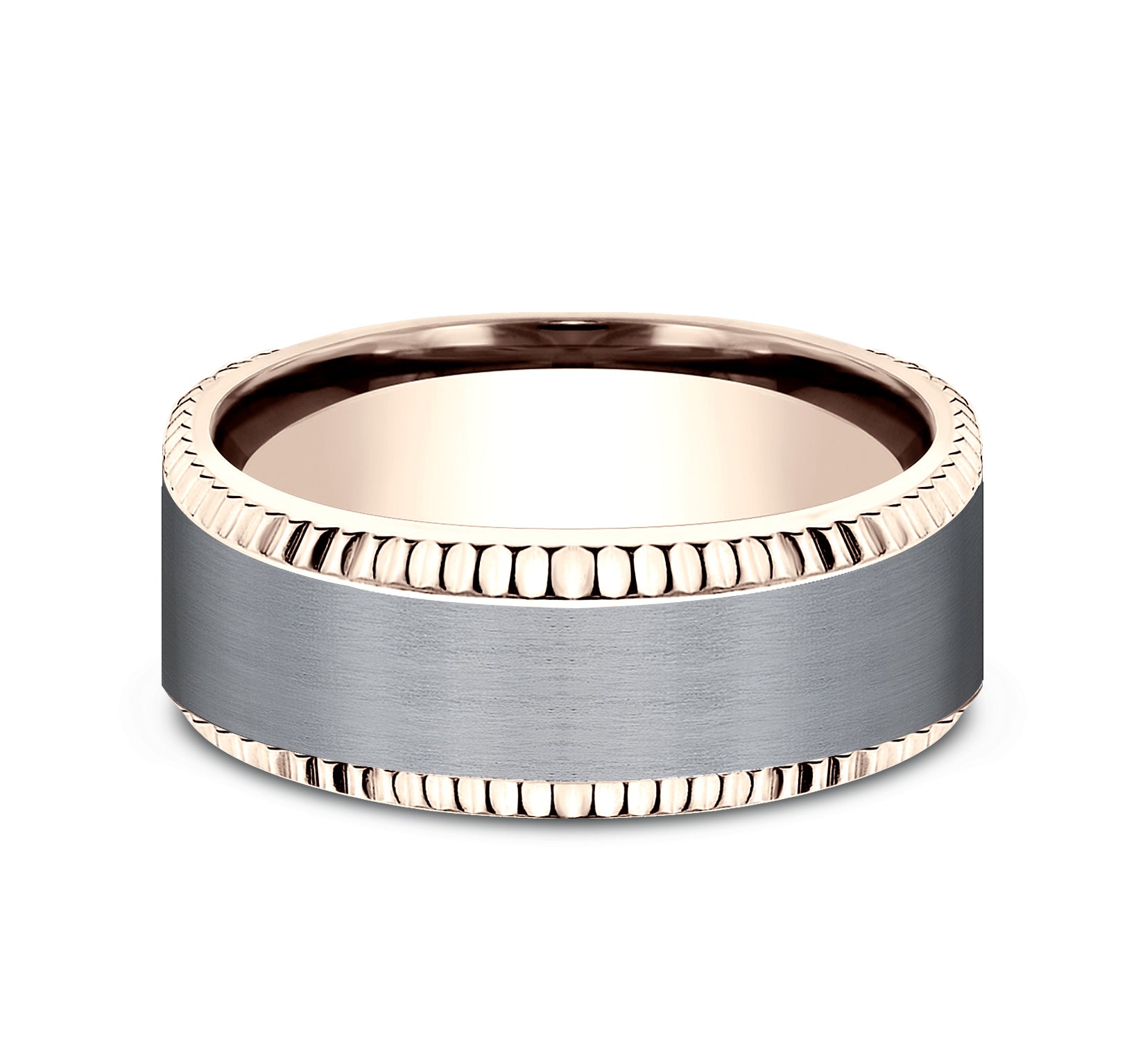 THE GENERAL 8mm, Comfort fit, 14K Rose Gold and Grey Tantalum, Satin center, coined bevel edges