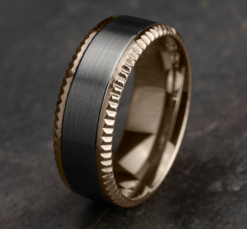 THE GENERAL 8mm, Comfort fit, 14K Rose Gold and Grey Tantalum, Satin center, coined bevel edges