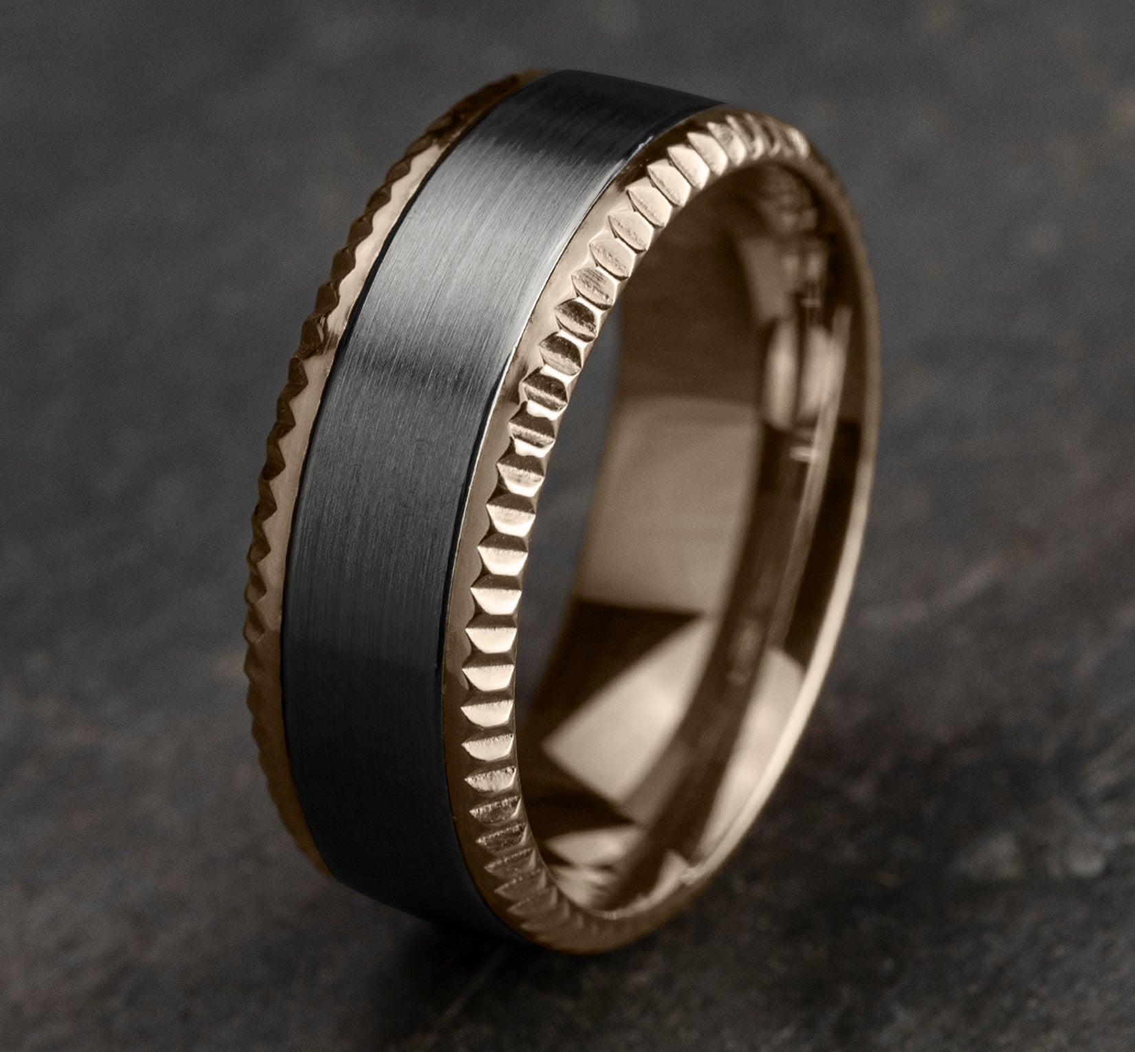 THE GENERAL 8mm, Comfort fit, 14K Rose Gold and Grey Tantalum, Satin center, coined bevel edges