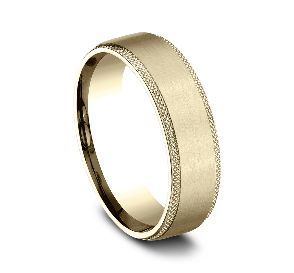 THE ROGUE 6.5mm, Comfort fit, 14K Yellow Gold, Satin finish center, knurl detailed edge