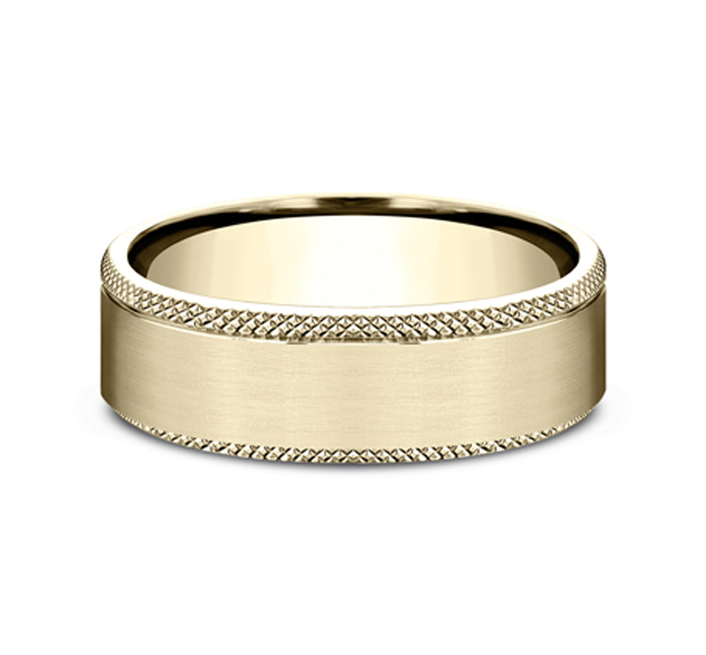 THE ROGUE 6.5mm, Comfort fit, 14K Yellow Gold, Satin finish center, knurl detailed edge