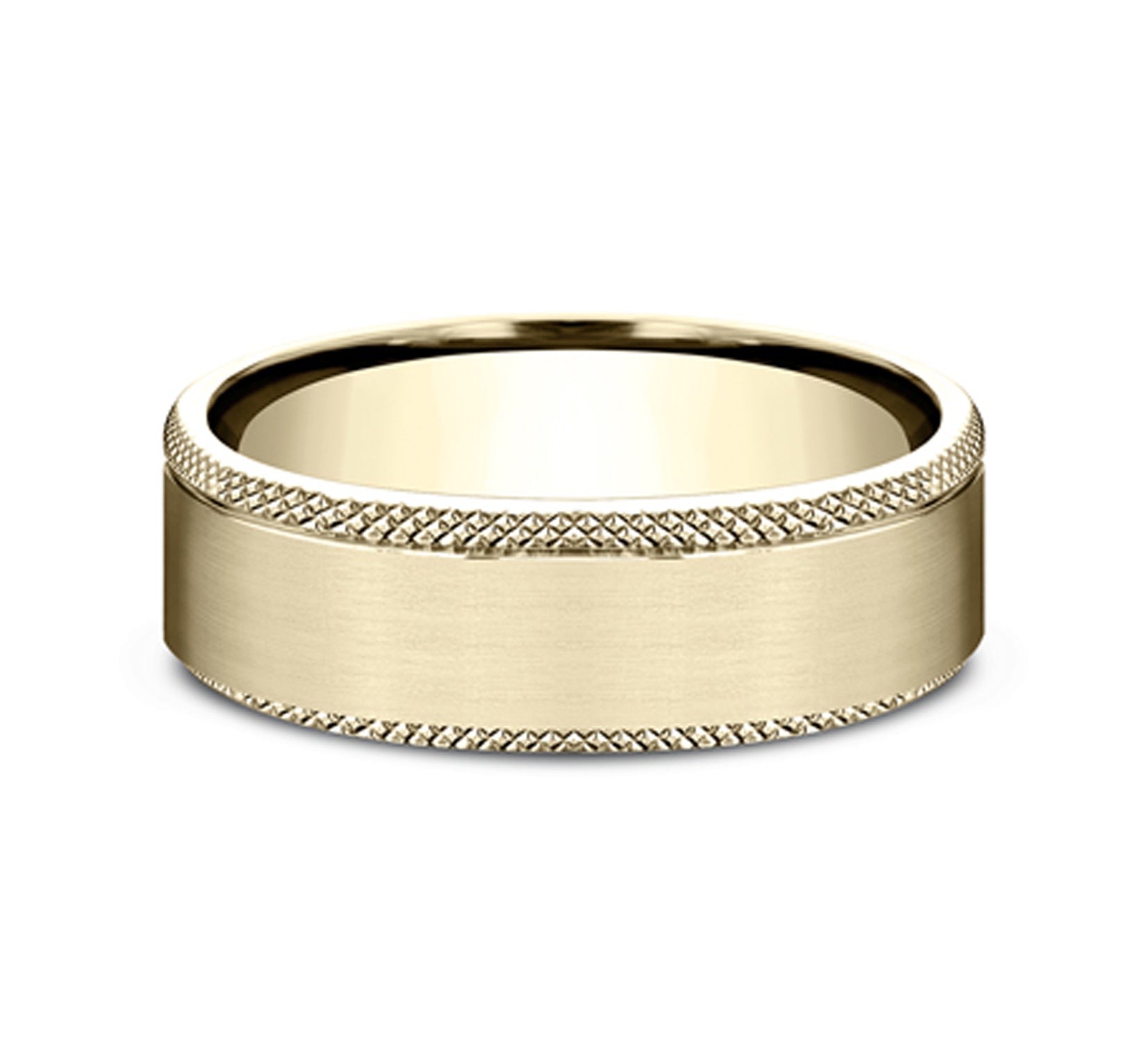 THE ROGUE 6.5mm, Comfort fit, 14K Yellow Gold, Satin finish center, knurl detailed edge