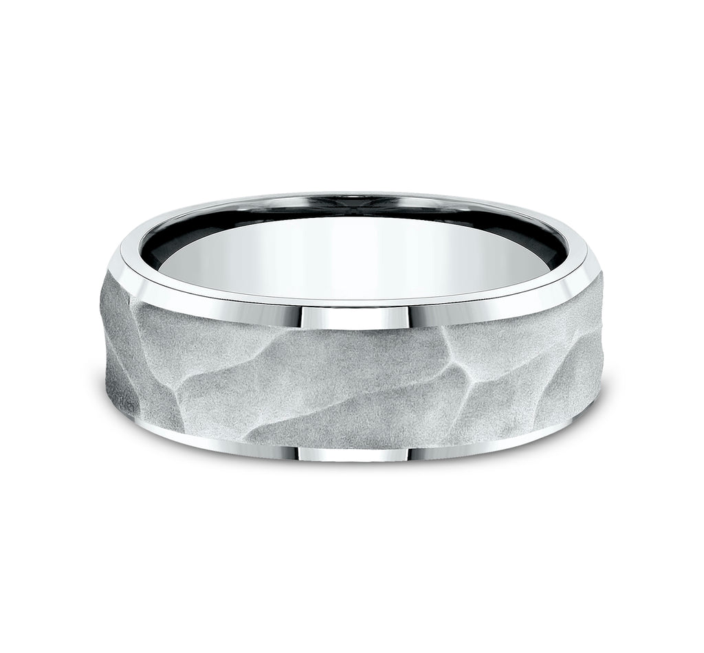 THE PHARAOH 8mm, Comfort fit, 14K White Gold, Wrinkled papyrus finish, polished bevel edges