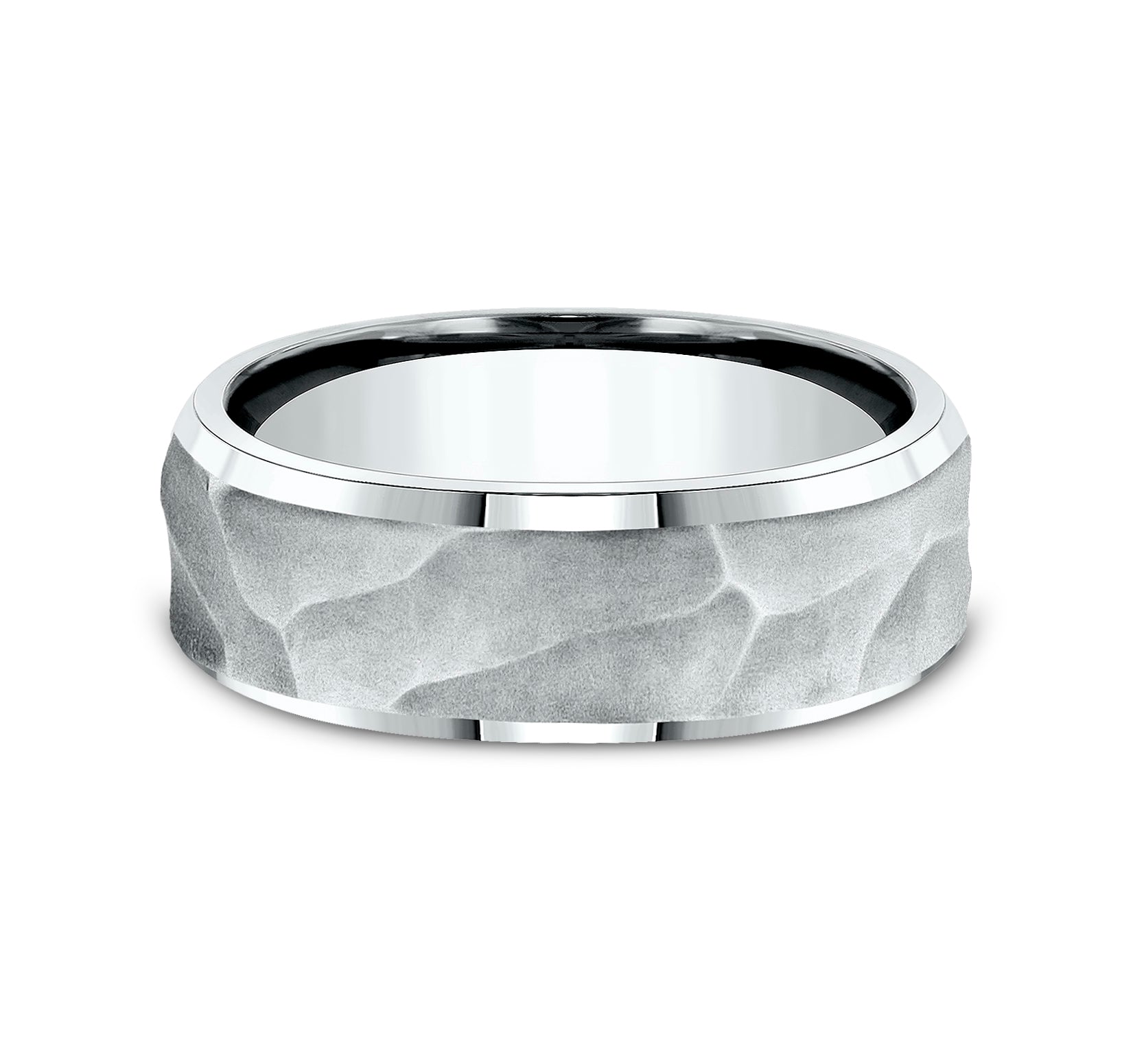THE PHARAOH 8mm, Comfort fit, 14K White Gold, Wrinkled papyrus finish, polished bevel edges