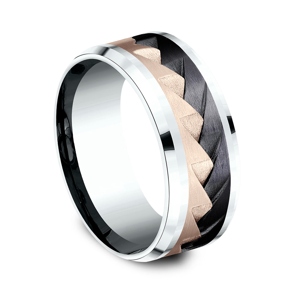 THE RANGE 9mm, Comfort fit, 14K White and Rose Gold and Black Titanium, Saw tooth pattern, polished bevel edges