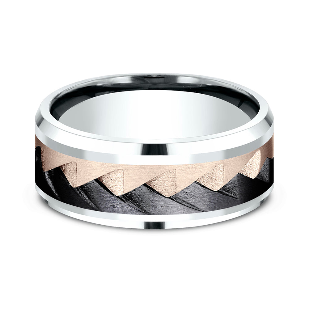 THE RANGE 9mm, Comfort fit, 14K White and Rose Gold and Black Titanium, Saw tooth pattern, polished bevel edges