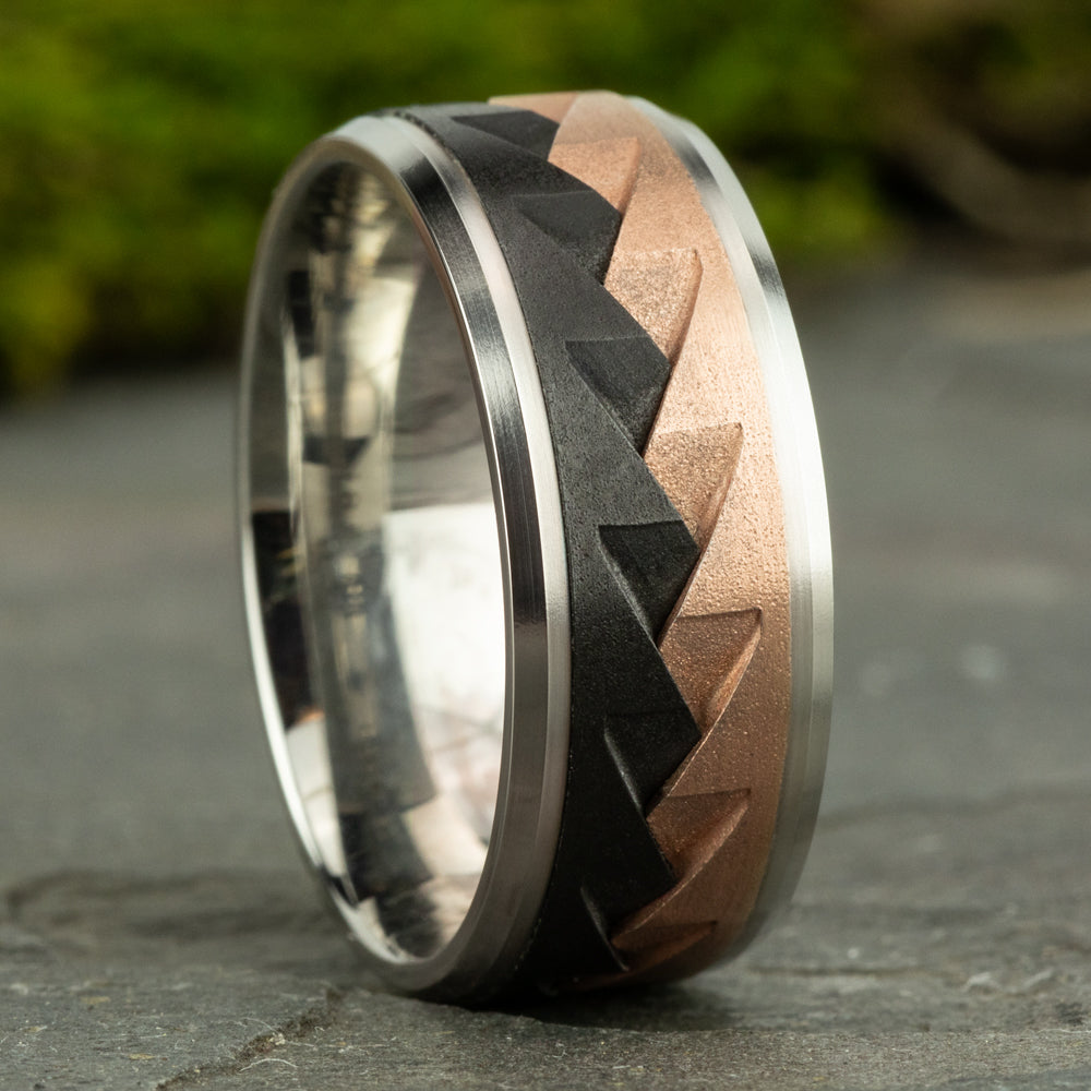 THE RANGE 9mm, Comfort fit, 14K White and Rose Gold and Black Titanium, Saw tooth pattern, polished bevel edges