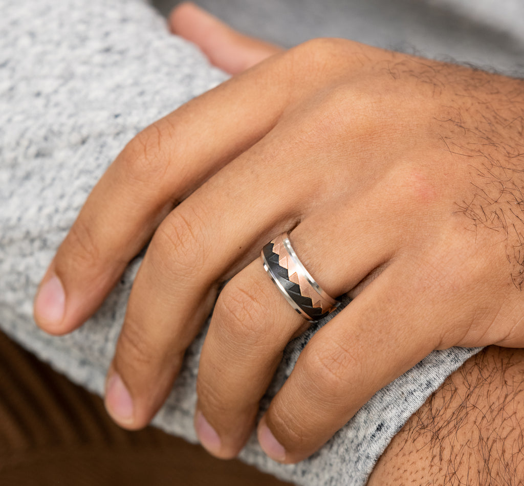 THE RANGE 9mm, Comfort fit, 14K White and Rose Gold and Black Titanium, Saw tooth pattern, polished bevel edges