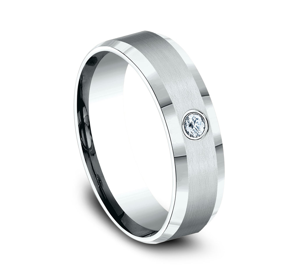THE ALEXANDER 6mm, Comfort fit, 14K White Gold, Satin finish, polished bevel edges, 1 burnish set diamond, Carat weight is .08ct, Clarity SI1-2, Color GH