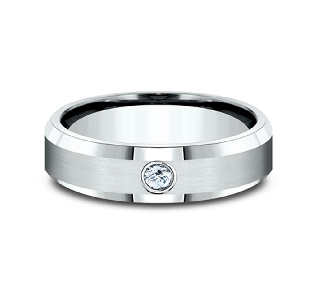 THE ALEXANDER 6mm, Comfort fit, 14K White Gold, Satin finish, polished bevel edges, 1 burnish set diamond, Carat weight is .08ct, Clarity SI1-2, Color GH