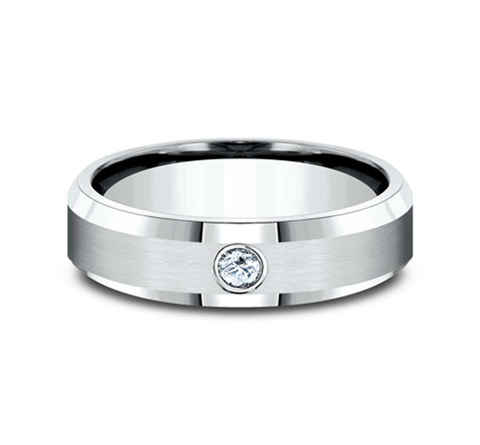 THE ALEXANDER 6mm, Comfort fit, 14K White Gold, Satin finish, polished bevel edges, 1 burnish set diamond, Carat weight is .08ct, Clarity SI1-2, Color GH