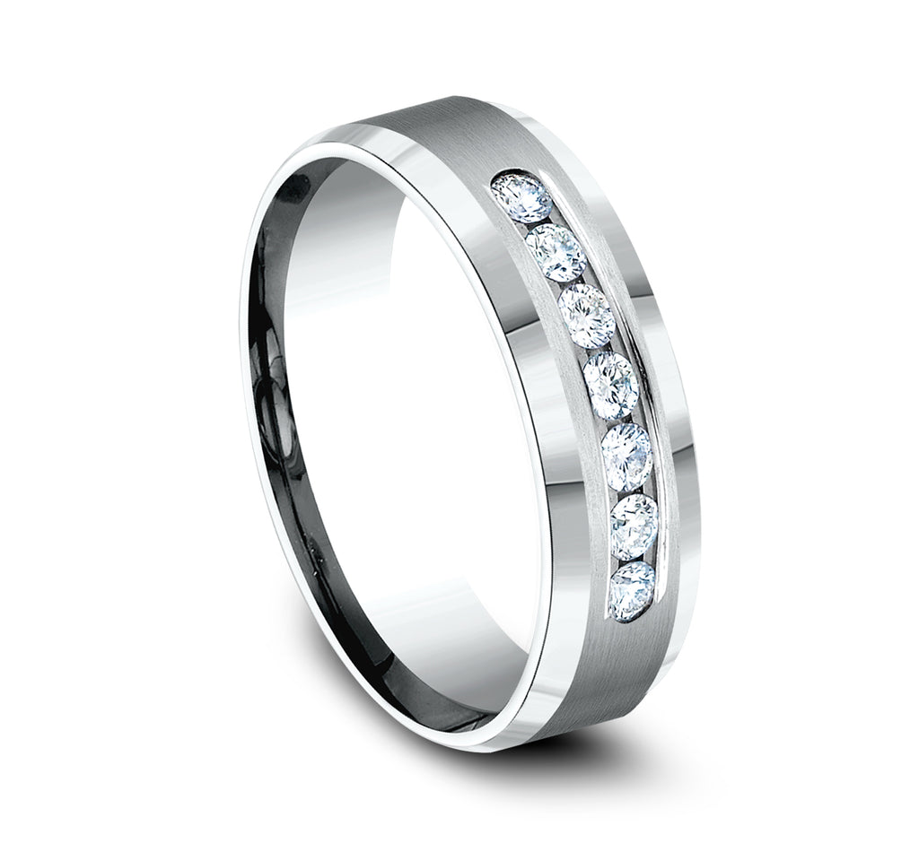 THE KAISER 6mm, Comfort fit, 14K White Gold, Satin center, bevel edges, 7 channel set diamonds, Carat weight is .42ct, Clarity SI1-2, Color GH