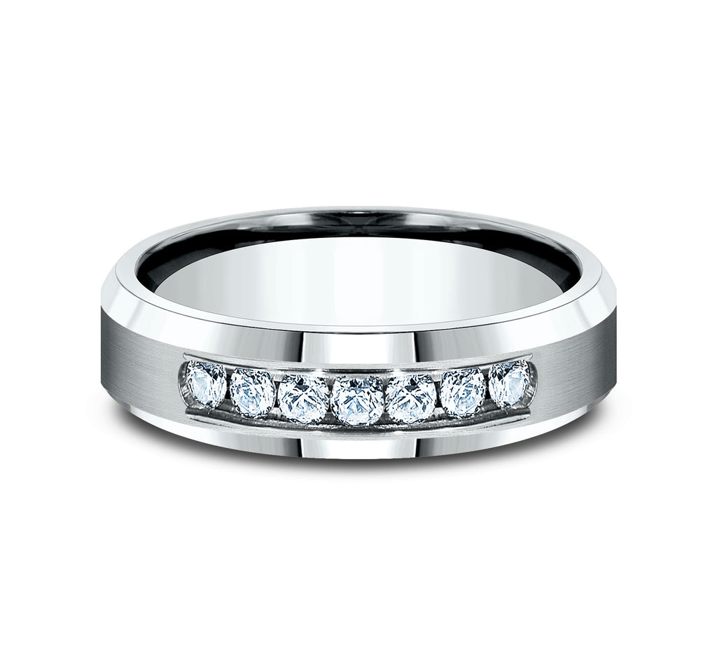 THE KAISER 6mm, Comfort fit, 14K White Gold, Satin center, bevel edges, 7 channel set diamonds, Carat weight is .42ct, Clarity SI1-2, Color GH