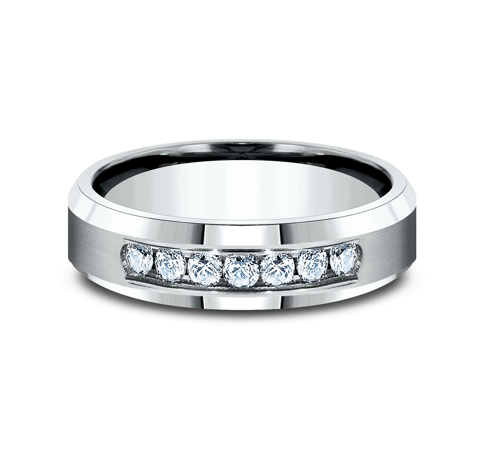 THE KAISER 6mm, Comfort fit, 14K White Gold, Satin center, bevel edges, 7 channel set diamonds, Carat weight is .42ct, Clarity SI1-2, Color GH