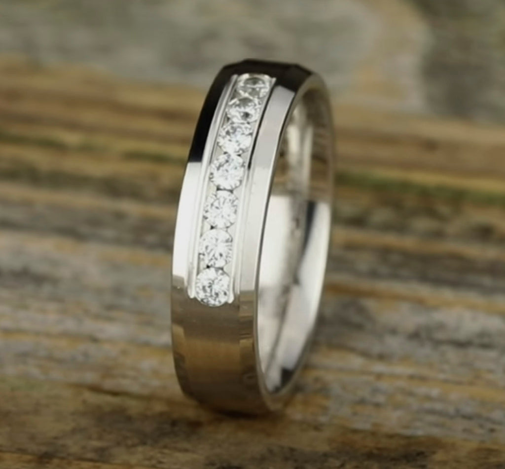 THE KAISER 6mm, Comfort fit, 14K White Gold, Satin center, bevel edges, 7 channel set diamonds, Carat weight is .42ct, Clarity SI1-2, Color GH