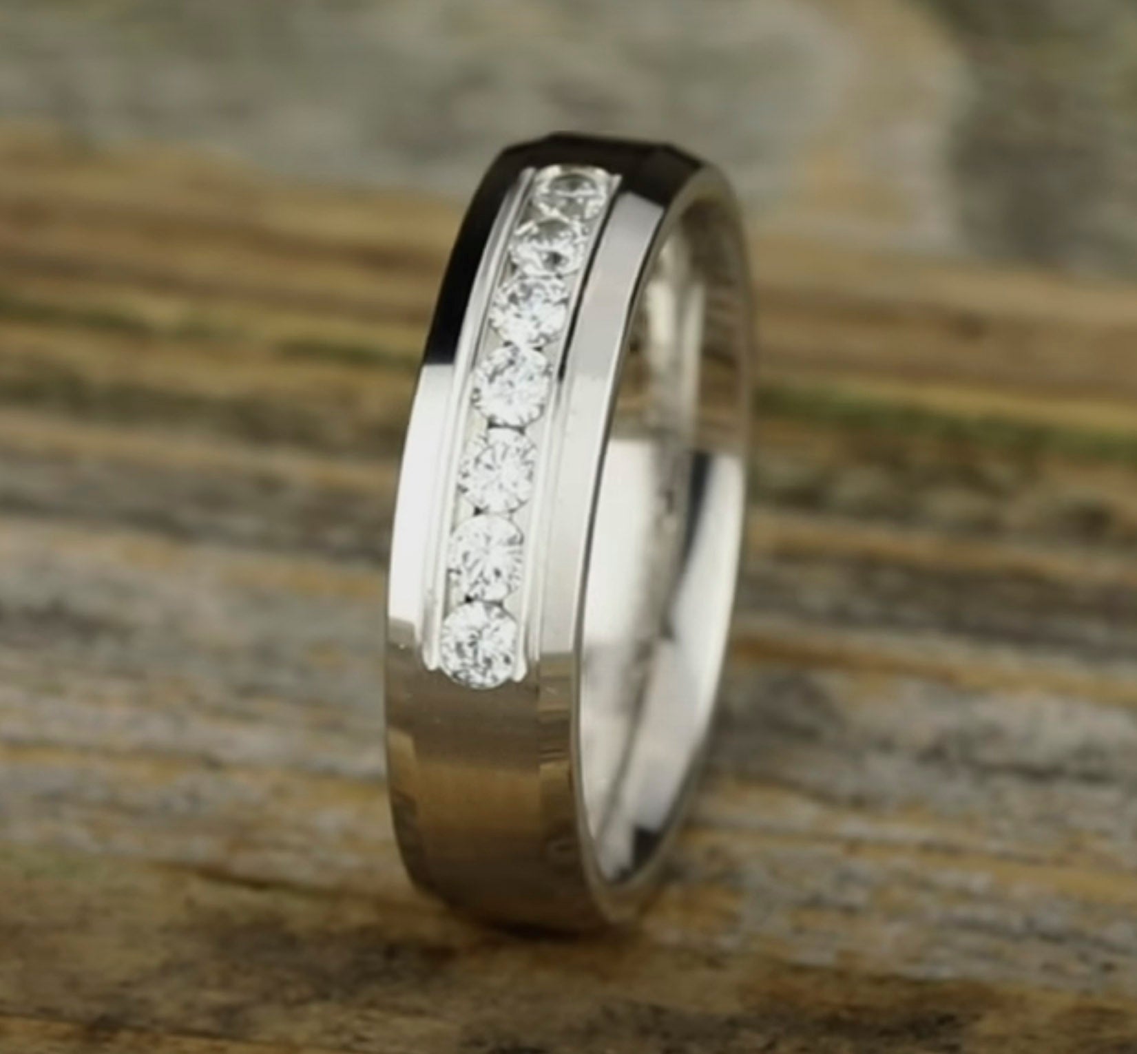 THE KAISER 6mm, Comfort fit, 14K White Gold, Satin center, bevel edges, 7 channel set diamonds, Carat weight is .42ct, Clarity SI1-2, Color GH