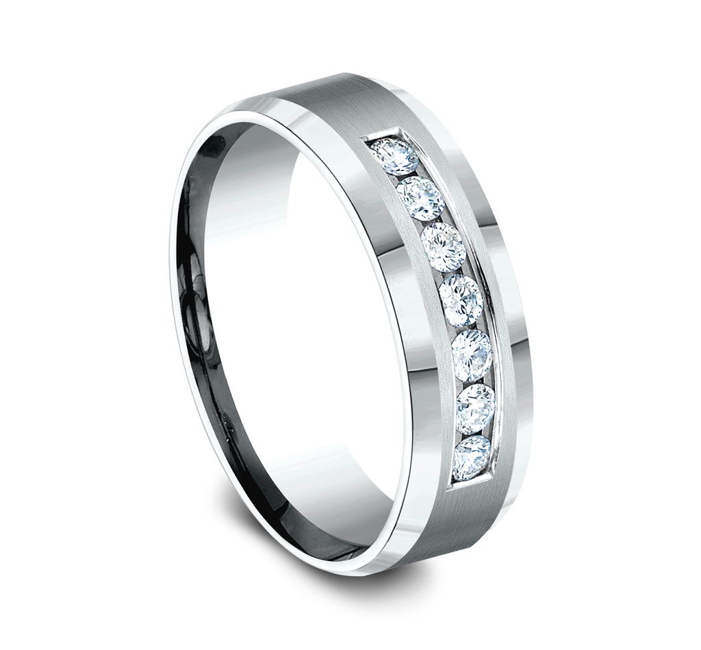 THE GENTLEMAN 7mm, Comfort fit, 14K White Gold, Satin center, bevel edges, 7 channel set diamonds, Carat weight is .42ct, Clarity SI1-2, Color GH