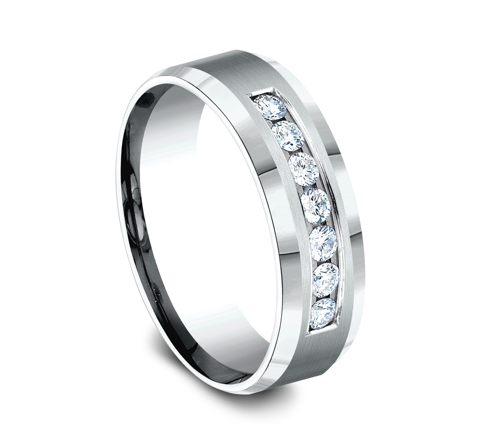 THE GENTLEMAN 7mm, Comfort fit, 14K White Gold, Satin center, bevel edges, 7 channel set diamonds, Carat weight is .42ct, Clarity SI1-2, Color GH