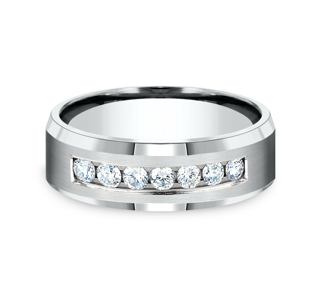 THE GENTLEMAN 7mm, Comfort fit, 14K White Gold, Satin center, bevel edges, 7 channel set diamonds, Carat weight is .42ct, Clarity SI1-2, Color GH