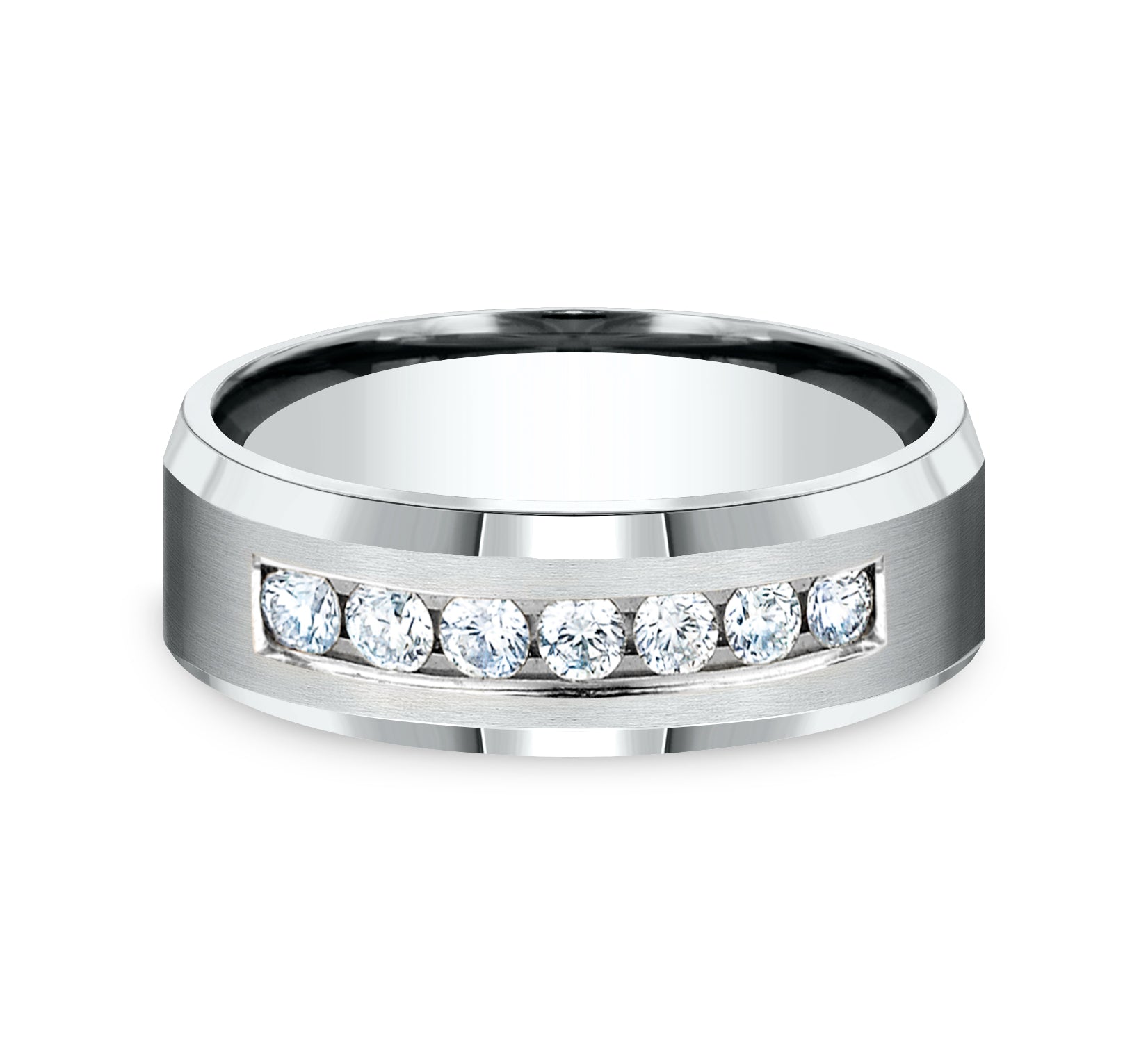 THE GENTLEMAN 7mm, Comfort fit, 14K White Gold, Satin center, bevel edges, 7 channel set diamonds, Carat weight is .42ct, Clarity SI1-2, Color GH