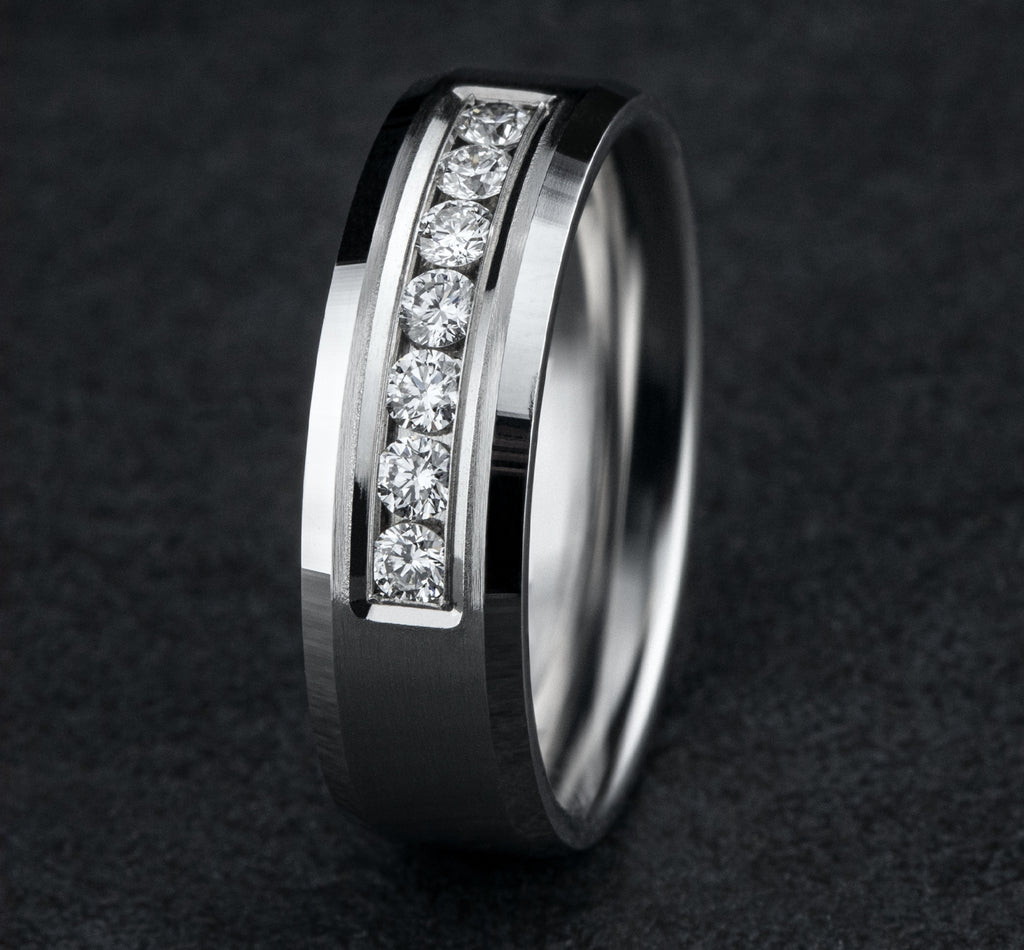 THE GENTLEMAN 7mm, Comfort fit, 14K White Gold, Satin center, bevel edges, 7 channel set diamonds, Carat weight is .42ct, Clarity SI1-2, Color GH