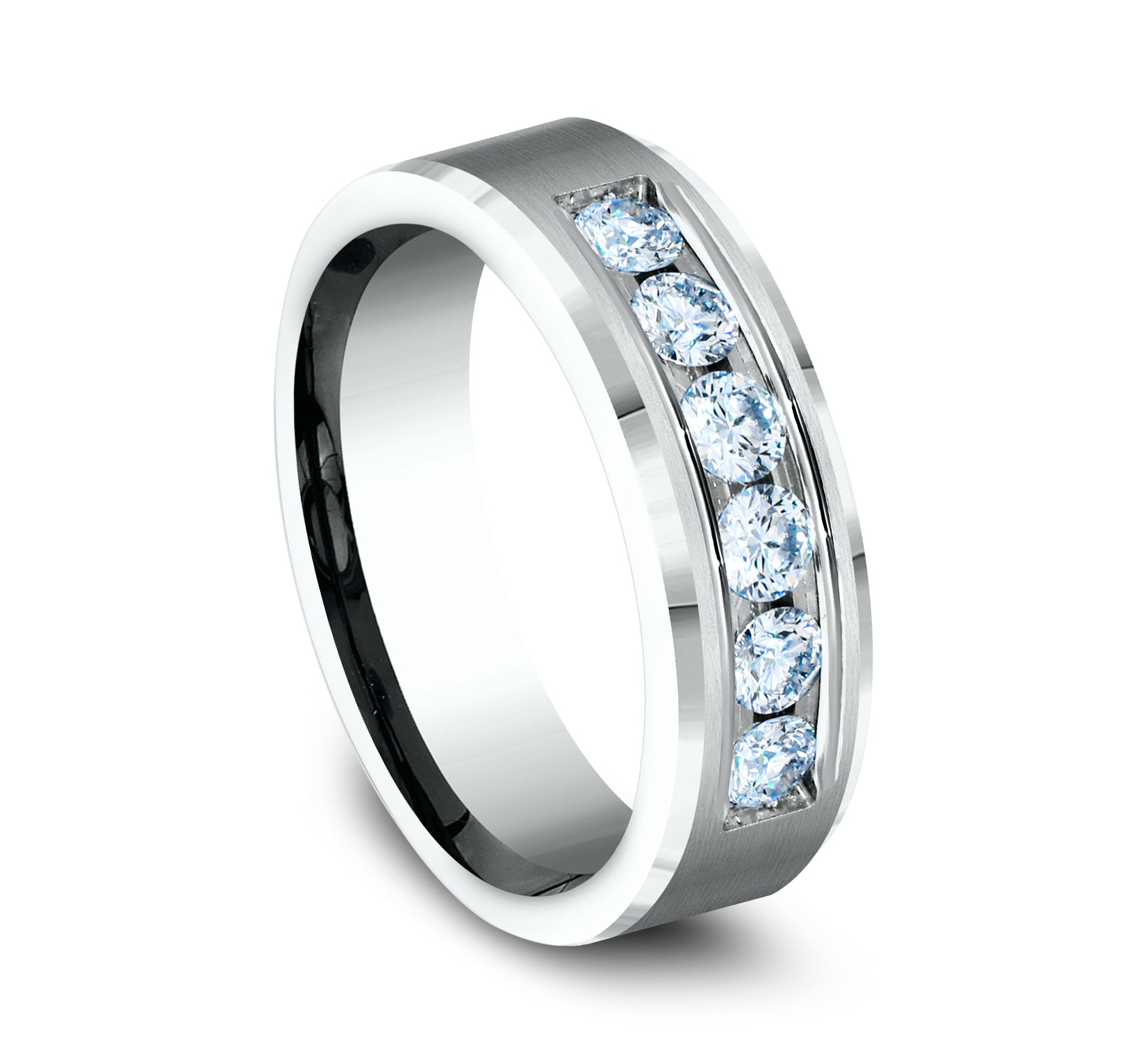 THE MONARCH 7mm, Comfort fit, 14K White Gold, Satin center, bevel edges, 6 channel set diamonds, Carat weight is .96ct, Clarity SI1-2, Color GH