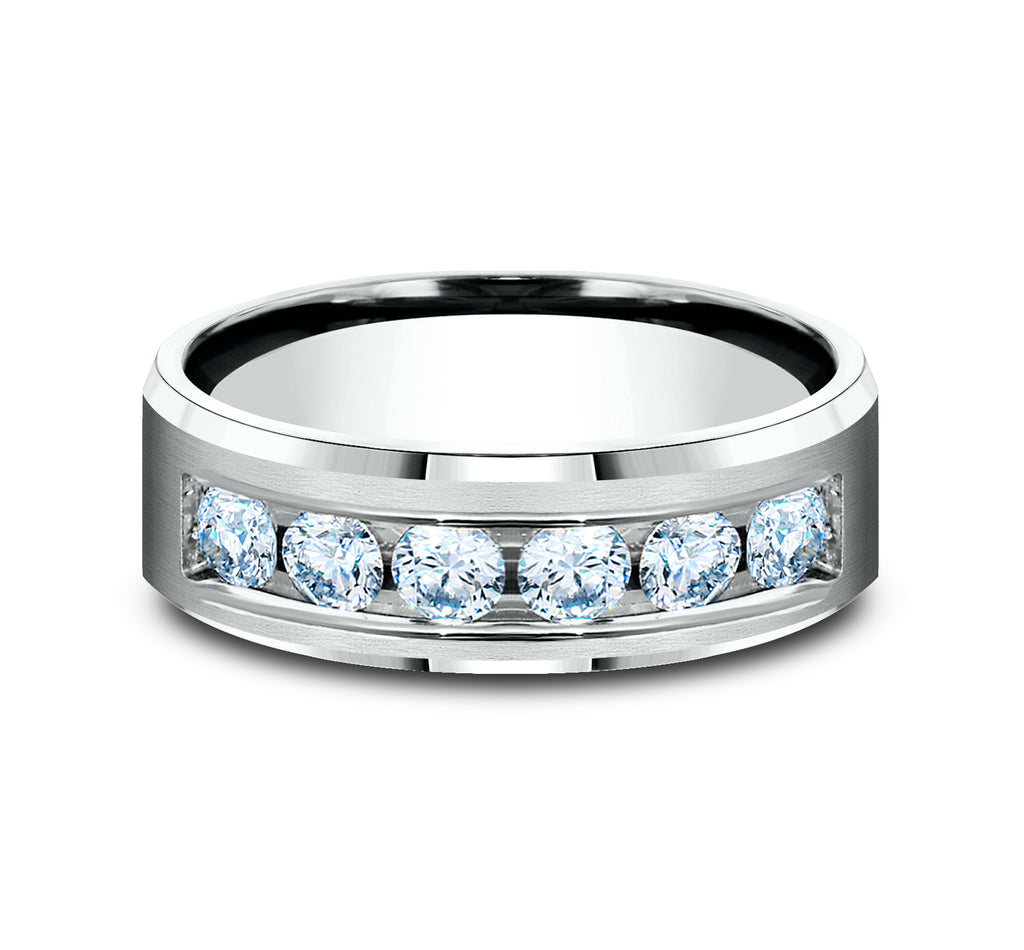THE MONARCH 7mm, Comfort fit, 14K White Gold, Satin center, bevel edges, 6 channel set diamonds, Carat weight is .96ct, Clarity SI1-2, Color GH